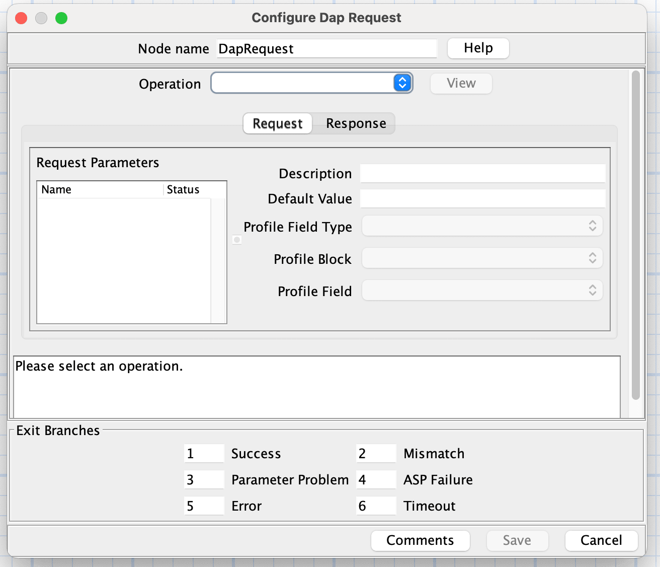 Configure Dap Request screen