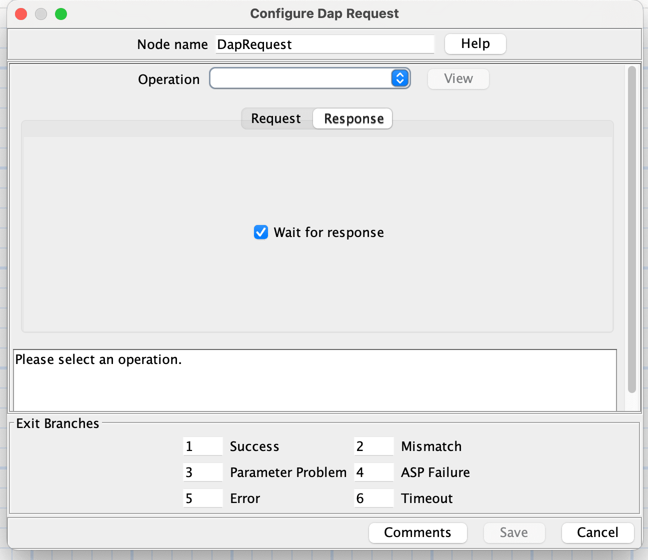 Configure Dap Request, Response tab screen.