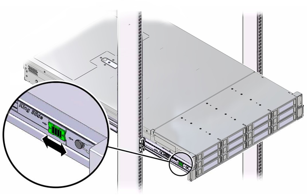 Pull and hold both green release tabs while pushing the server back into the rack, ensuring the CMA retracts smoothly without any binding.
