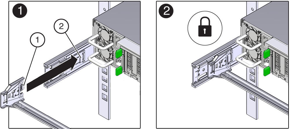 Inserting CMA connector A into the front slot of the left slide-rail until it clicks, then gently pulling the front slide bar to confirm the connector is securely seated.
