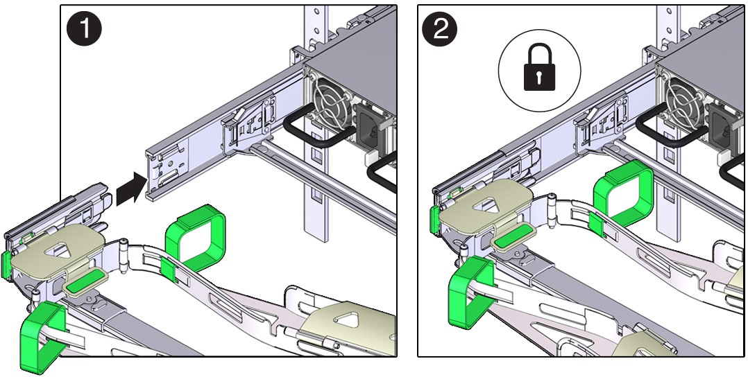 Holding the slide-rail latching bracket, inserting CMA connector D into the left slide-rail until it clicks into place, then gently pulling the left side of the CMA back slide bar to confirm it is securely seated.