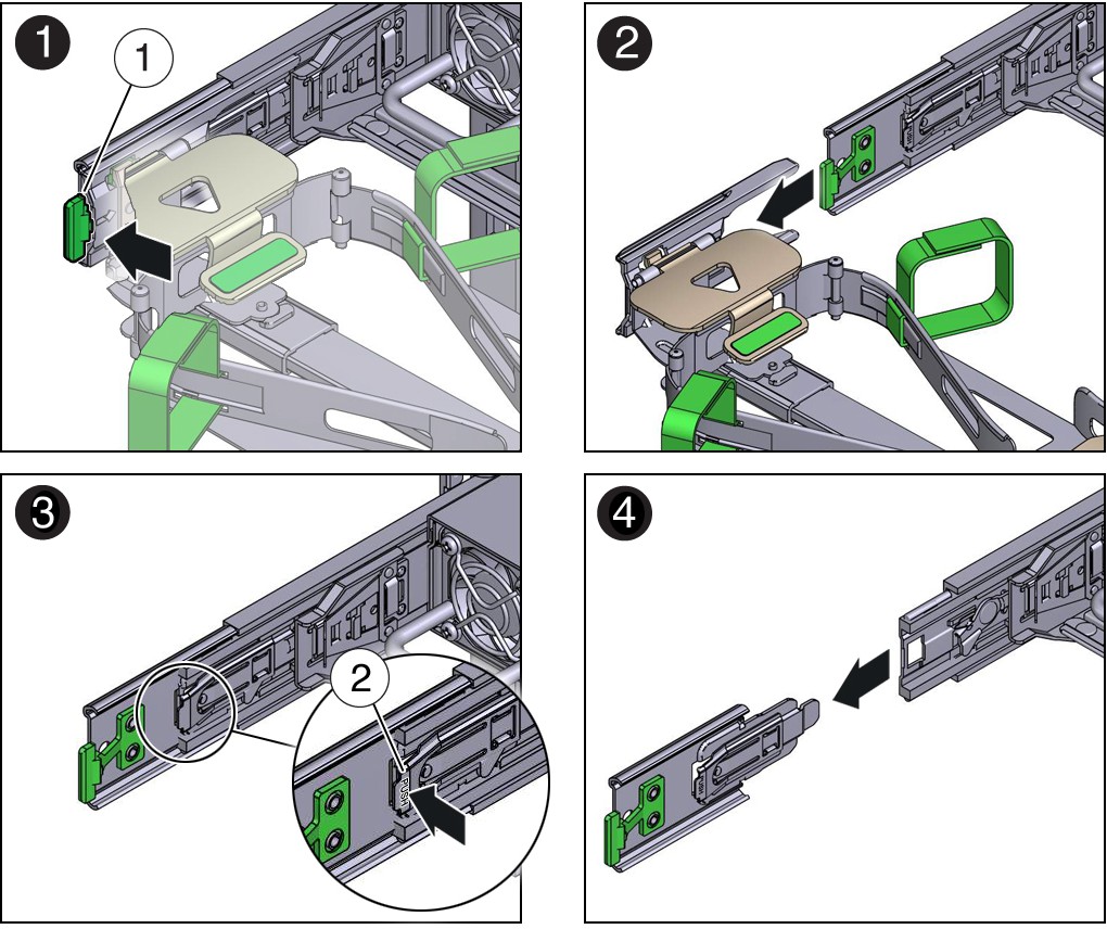 Pressing the green release tab and sliding connector D out of the left slide-rail while the latching bracket remains in place.