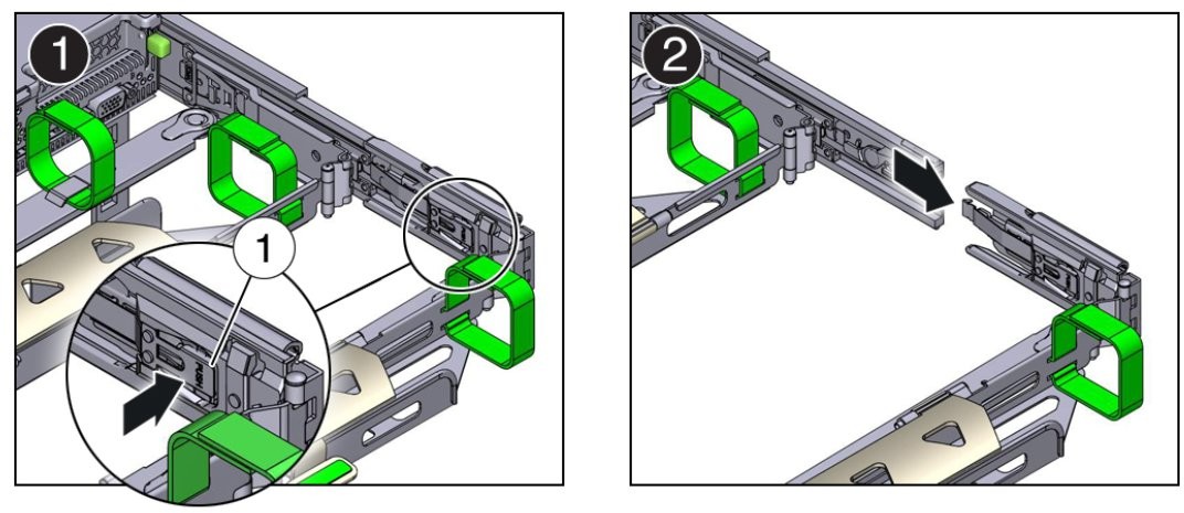 Supporting the CMA while pressing the PUSH tab and pulling connector C out of the right slide-rail.