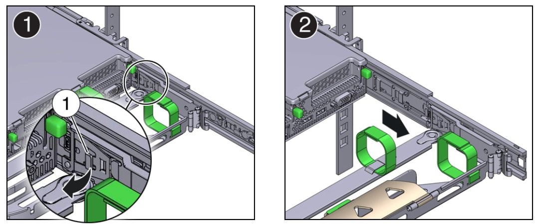 Supporting the CMA while pulling the release lever and removing connector B from the right slide-rail.