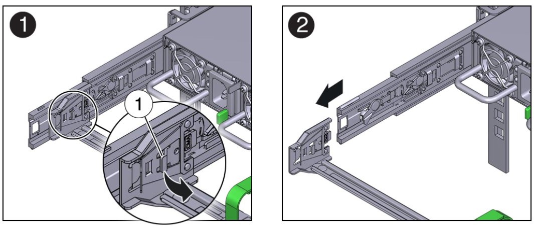 Supporting the CMA while pulling the release lever and removing connector A from the left slide-rail.