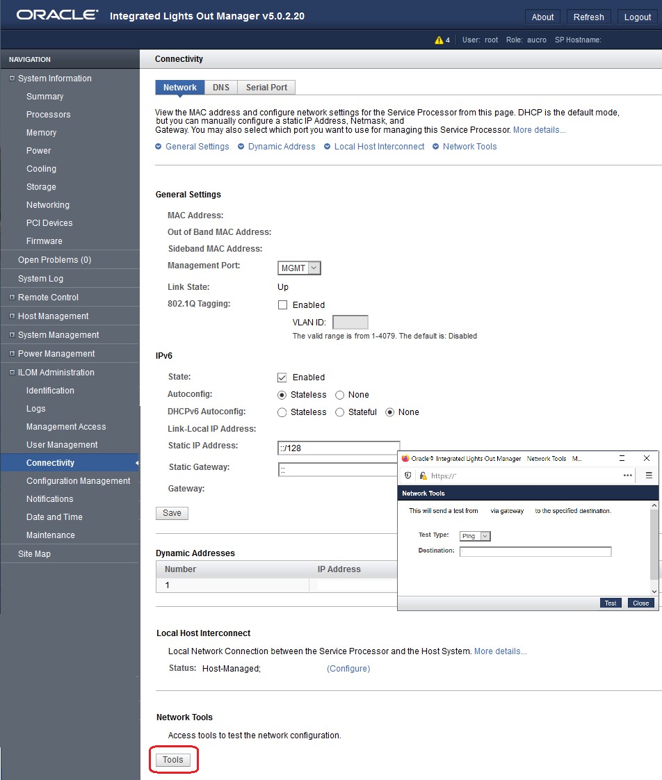 Figure showing the Network Configuration Test screen, from which you can issue a Ping or Ping6 test.