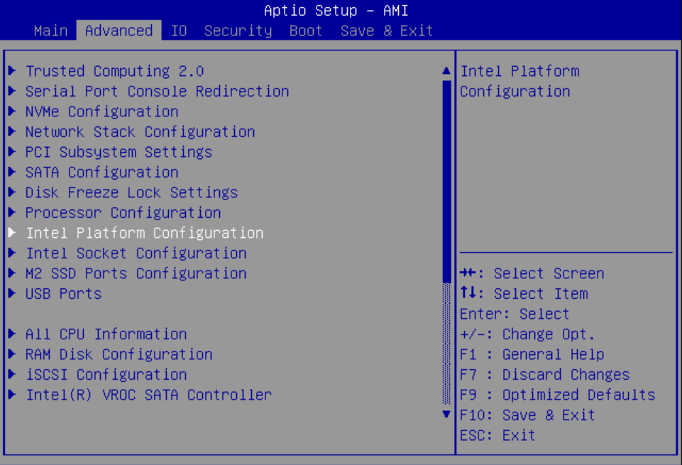 Image showing the Intel Platform Configuration SATA configuration selected on Advanced tab.