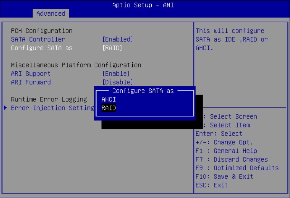 Image showing the Configure SATA as RAID pop up on Advanced tab.