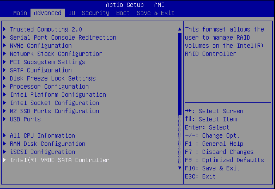 Image showing the Advanced tab with Intel VROC SATA Controller selected.