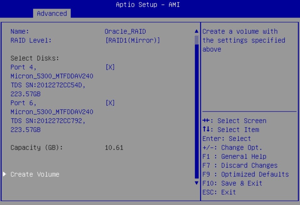 Image showing the Create RAID Volume screen with Create Volume highlighted.
