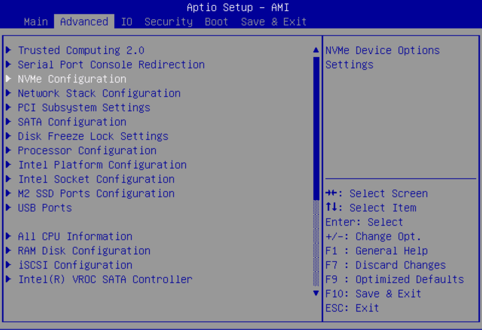 Image showing the BIOS Setup Advanced - NVMe screen.