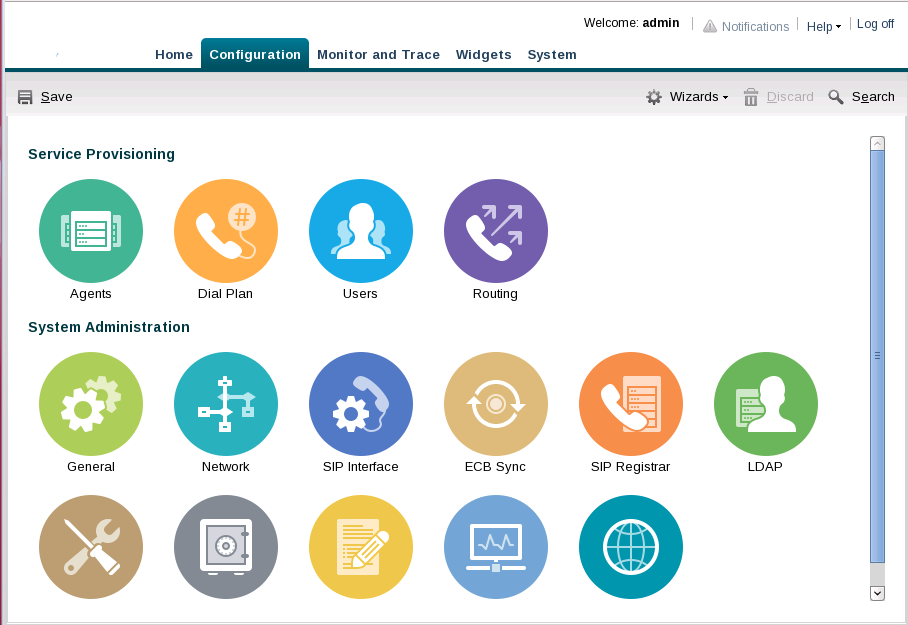 This screen capture shows the Service Porvisioning and System Administration icons that the ECB GUI displays on the Configuration tab. This screen capture shows the Service Porvisioning and System Administration icons that the ECB GUI displays on the Configuration tab.