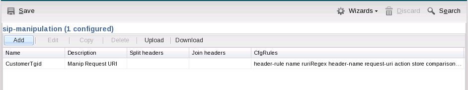 This screen capture shows the SIP manipulation page which dislpays manually configured Header Manipulation Rules.