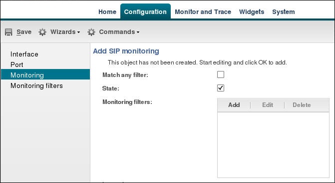 This screen capture shows the navigation pane on the Configuration tab with the Monitoring object selected, and the SIP monitoring configuration dialog.