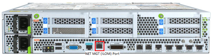 This illustration shows the location of the ILOM port on the back panel of the Netra Server X3-2 for Acme Packet.