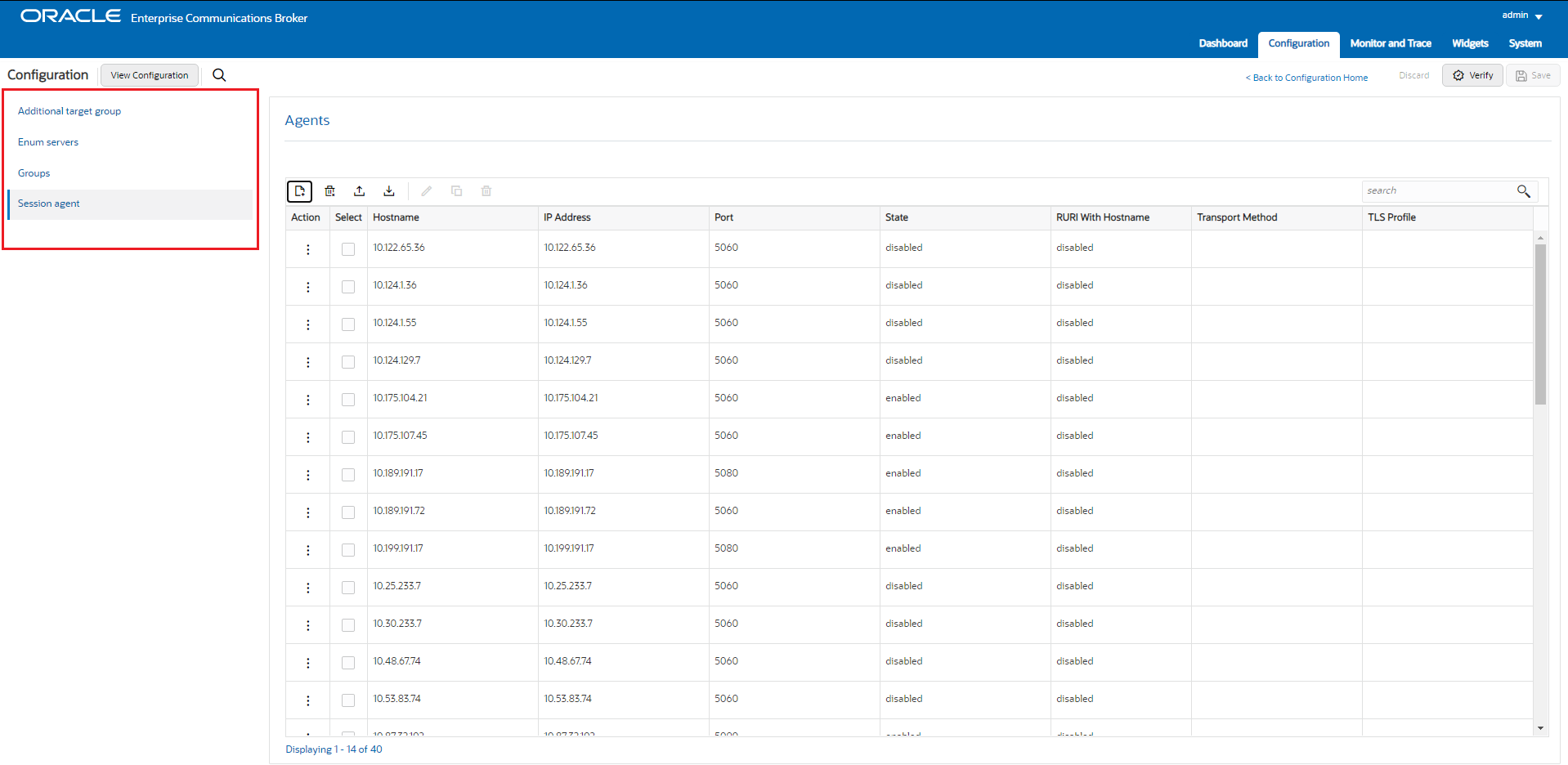 This screen capture shows the navigation pane under the Session Agent configuration icon. It now displays the View Configuration button and Search icon at the top left corner and uses a scroll bar to browse the list's objects.