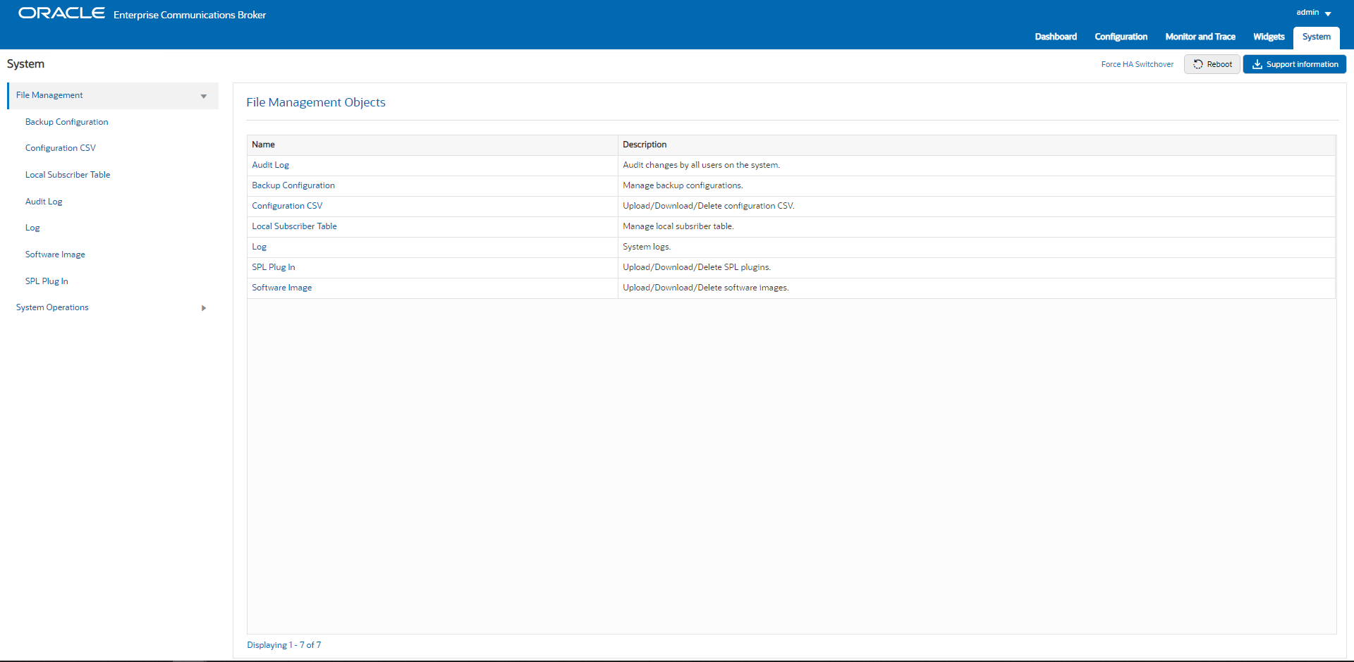 This screen capture shows the file management links in their new location under file management in the navigation pane of the system tab.