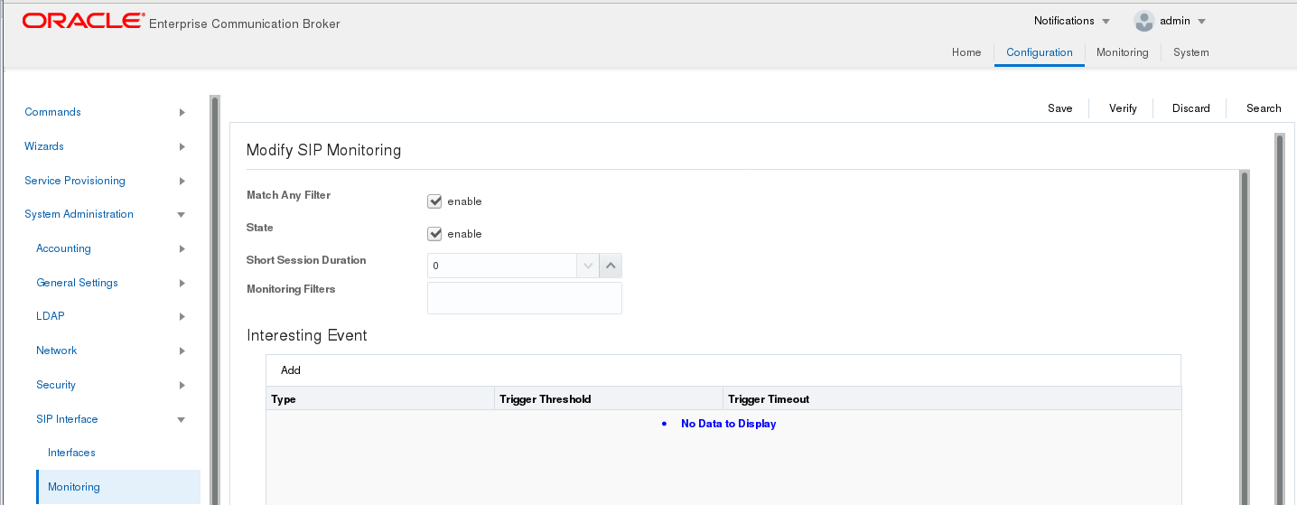 This screen capture shows the navigation pane on the Configuration tab with the Monitoring object selected, and the SIP monitoring configuration dialog.