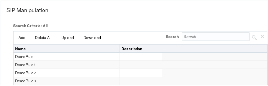 This screen capture shows the SIP manipulation page which dislpays manually configured Header Manipulation Rules. This screen capture shows the SIP manipulation page which dislpays manually configured Header Manipulation Rules.