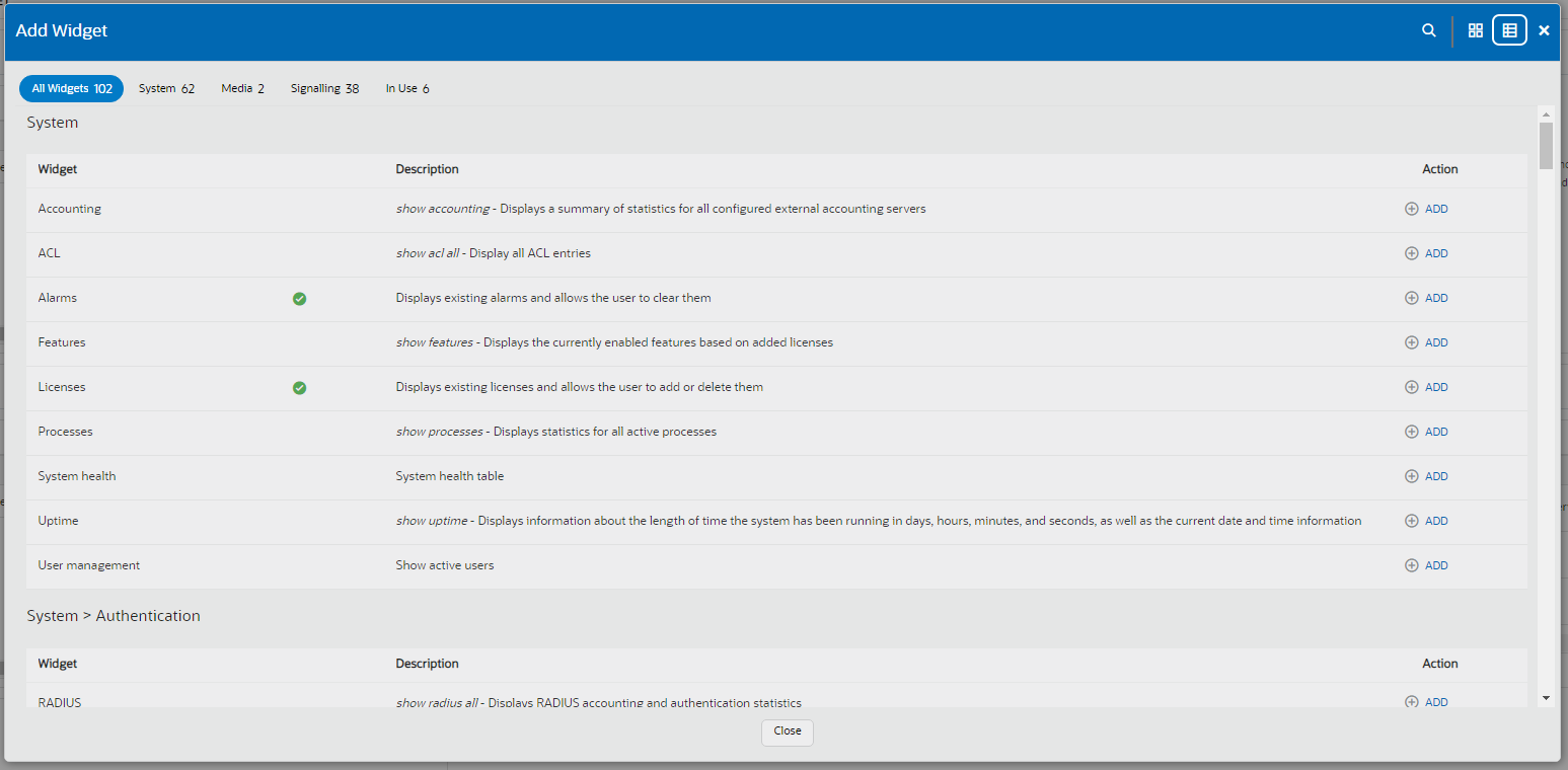 This image shows the add widget table layout