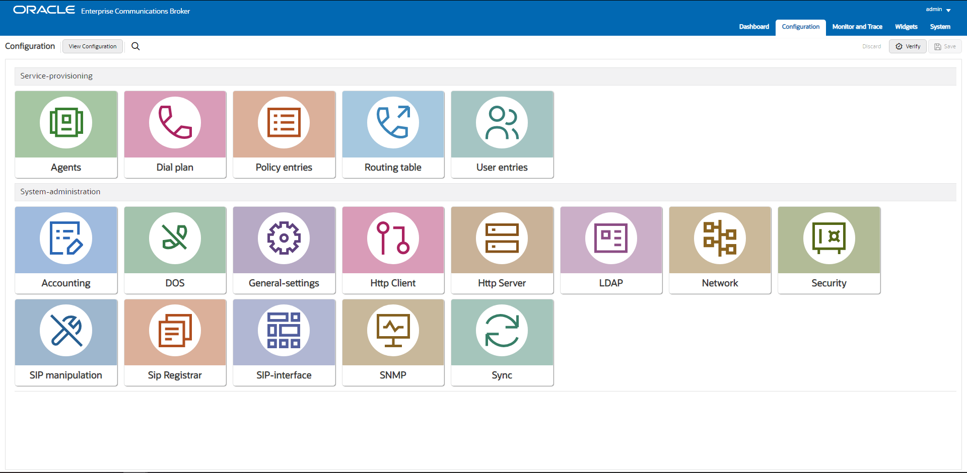 This screen capture shows the contents of the configuration tab, which now displays configuration category icons for both Service Provisioning and System Administration functions. This screen capture shows the contents of the configuration tab, which now displays configuration category icons for both Service Provisioning and System Administration functions.