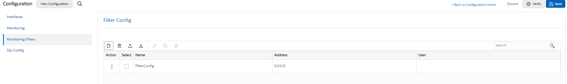 This screen capture shows the navigation pane of the Configuration tab, with the Monitoring Filters object highlighted, and displaying the filter config dialog.