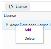 This screen capture shows the Add and Delete buttons that the Web GUI displays when you right-click a license This screen capture shows the Add and Delete buttons that the Web GUI displays when you right-click a license