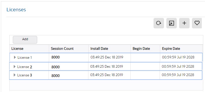 This screen capture shows the license page, which displays the license name, the entitled number of sessions, the installation date, the begin date, and the expire date. a sample display of license details the OECB displays when you choose to view the license details. Details include the license type, session count, installation date, begin date, and expiration date..