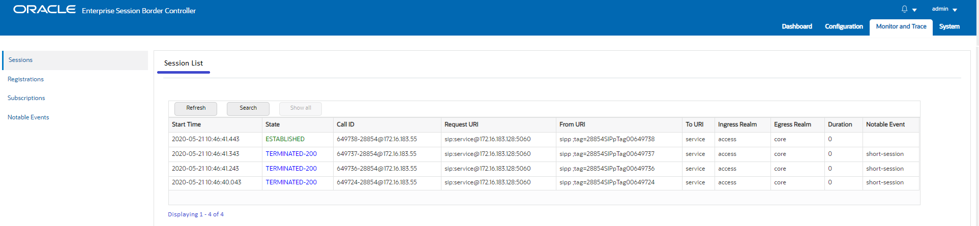 This screen capture shows the Monitor and Trace page with its links to the Sessions, Registrations, Subscriptions, and Notable Event summary lists. The Sessions list displays by default.