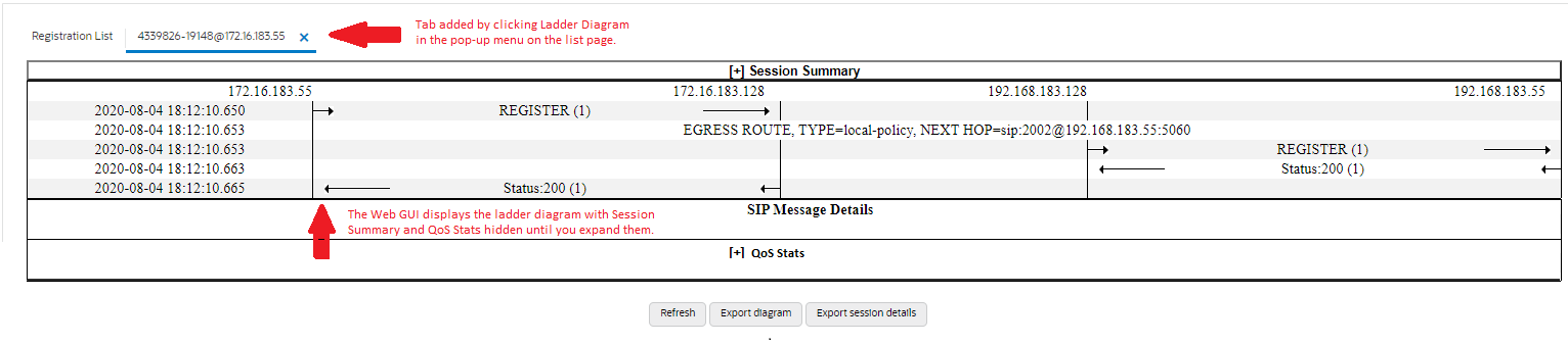This screen capture shows the ladder diagram as it displays initially with the ladder diagram shown and the Session Summary and the QoS Stats sections in hide mode.