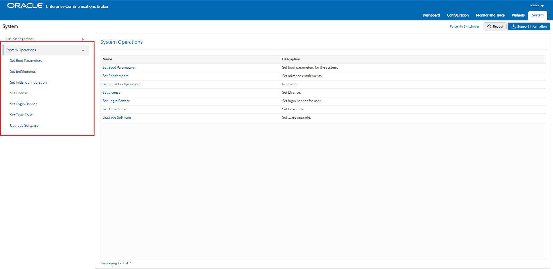 This screen capture shows the list of Systems Operations configurations and provides their descriptions. This screen capture shows the list of Systems Operations configurations and provides their descriptions.