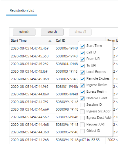 This screen capture shows an example of the pop-up list that displays when you right click any column header in a Monitor and Trace list. The list shows all of the column headers available. Each header has a check box where you can select or deselect the header.