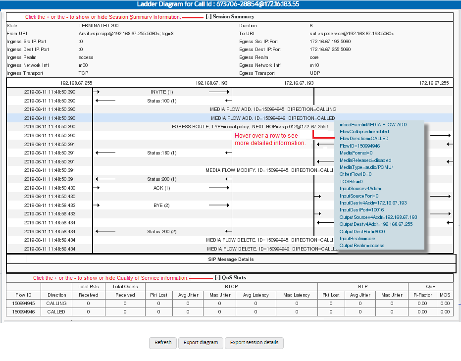 This screen capture shows the controls you can use on a ladder diagram to view session, call flow, and Quality of Service information.