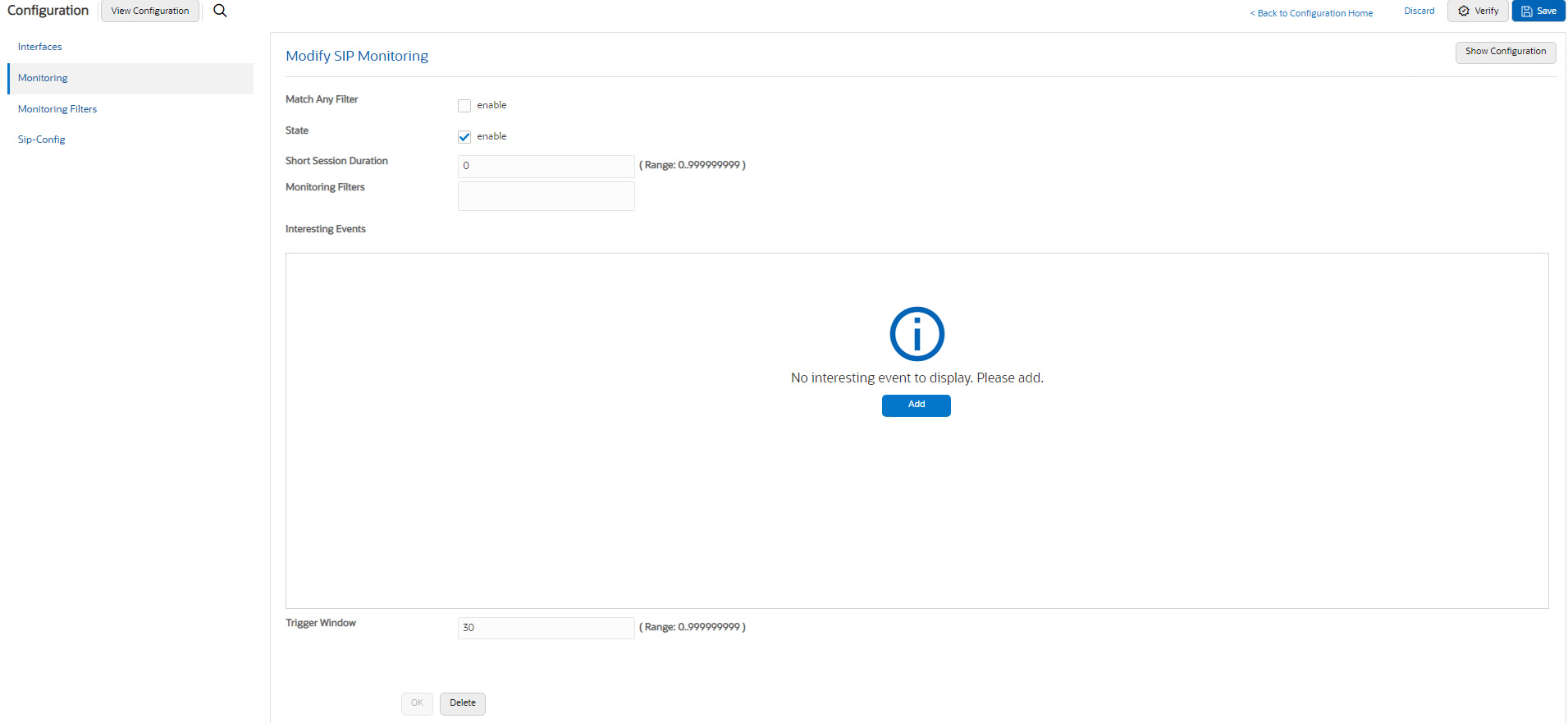 This screen capture shows the navigation pane on the Configuration tab with the Monitoring object selected, and the SIP monitoring configuration dialog.