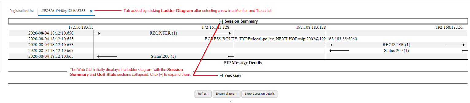 This screen capture shows the ladder diagram as it displays initially with the ladder diagram shown and the Session Summary and the QoS Stats sections hidden.