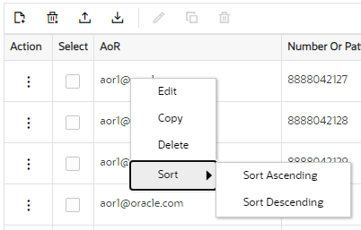 This screen capture shows the sort menu where you can choose to sort the table rows in either ascending or descending order.