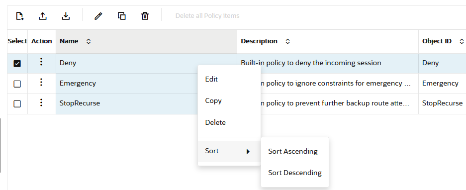 This screen capture shows the sort menu where you can choose to sort the table rows in either ascending or descending order.