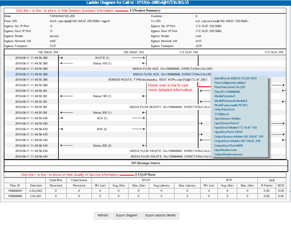 This screen capture shows the controls you can use on a ladder diagram to view session, call flow, and Quality of Service information. This screen capture shows the controls you can use on a ladder diagram to view session, call flow, and Quality of Service information.
