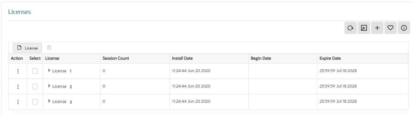 This screen capture shows the license page, which displays the license name, the entitled number of sessions, the installation date, the begin date, and the expire date. a sample display of license details the ECB displays when you choose to view the license details. Details include the license type, session count, installation date, begin date, and expiration date..