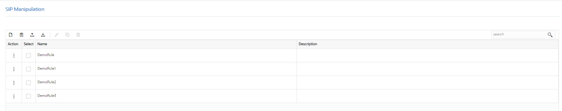 This screen capture shows the SIP manipulation page which dislpays manually configured Header Manipulation Rules. This screen capture shows the SIP manipulation page which dislpays manually configured Header Manipulation Rules.
