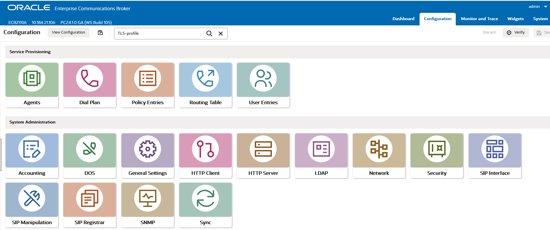 This screen capture shows the contents of the configuration tab, which now displays configuration category icons for both Service Provisioning and System Administration functions. This screen capture shows the contents of the configuration tab, which now displays configuration category icons for both Service Provisioning and System Administration functions.