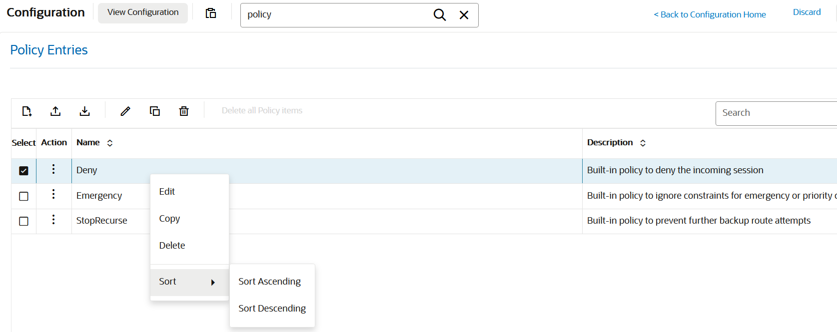 This screen capture shows the sort menu where you can choose to sort the table rows in either ascending or descending order.