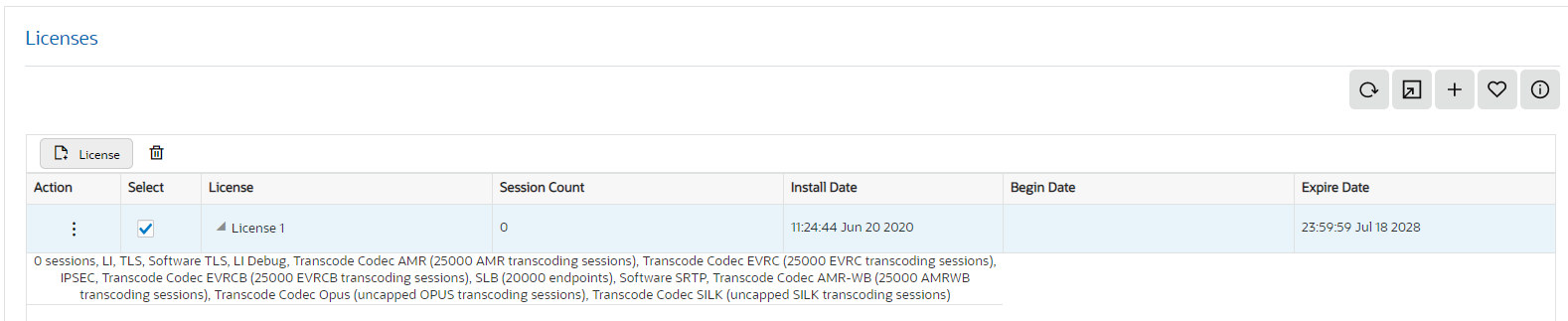 This screen capture shows an example of license details, which display in text below the selected license. The text states the number of allowed sessions and all features included in the license. This screen capture shows an example of license details, which display in text below the selected license. The text states the number of allowed sessions and all features included in the license.