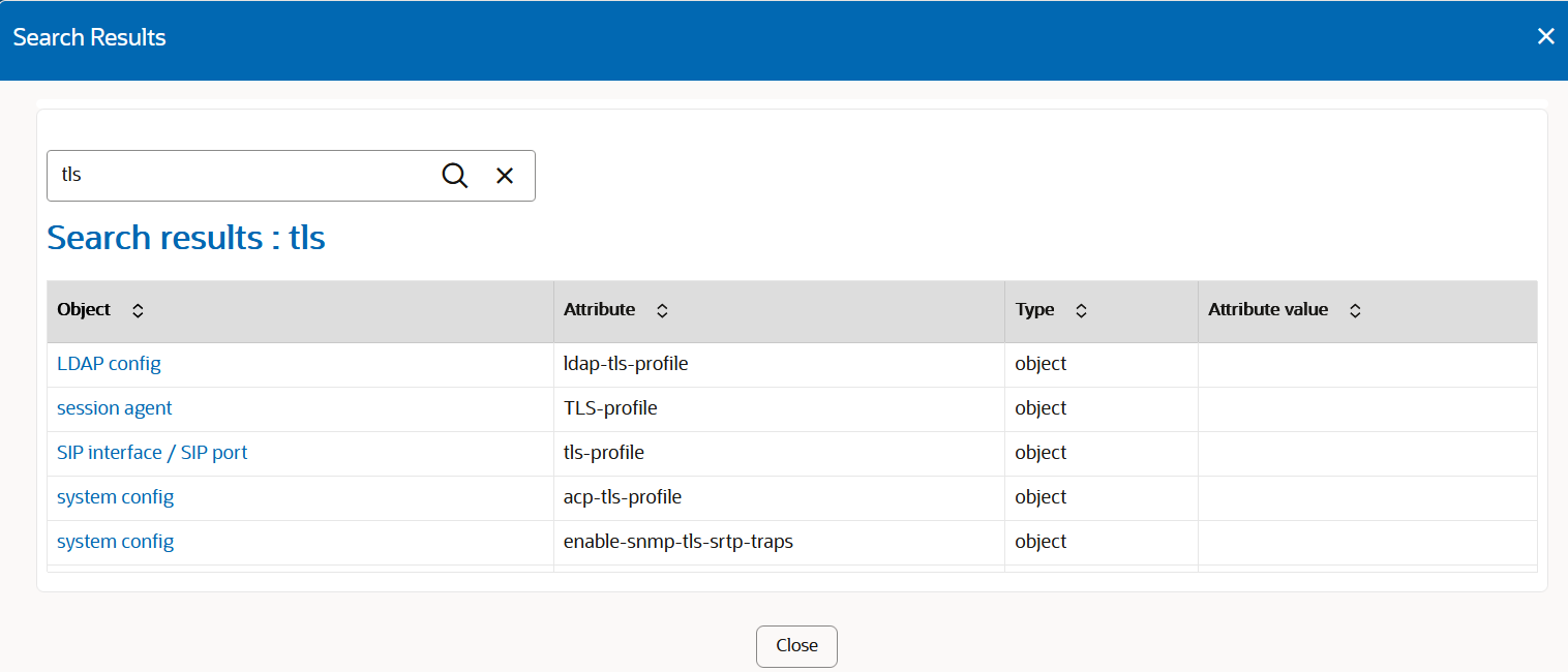 This screen capture shows the X button that the system adds to the search field when you search for a particular configuration.