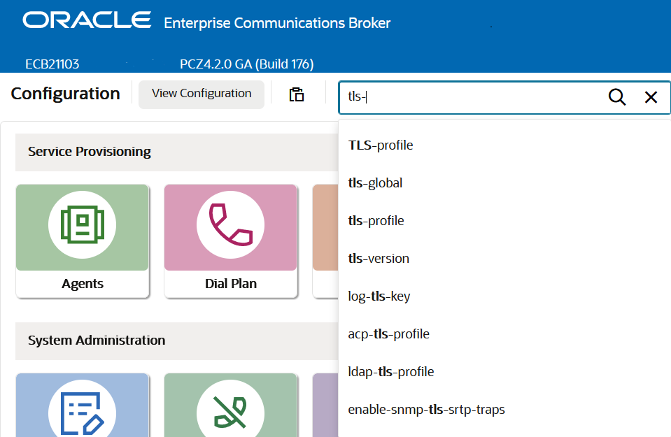 This screen capture shows the configuration search text box where you enter the name, attribute, or value that you want to search for.