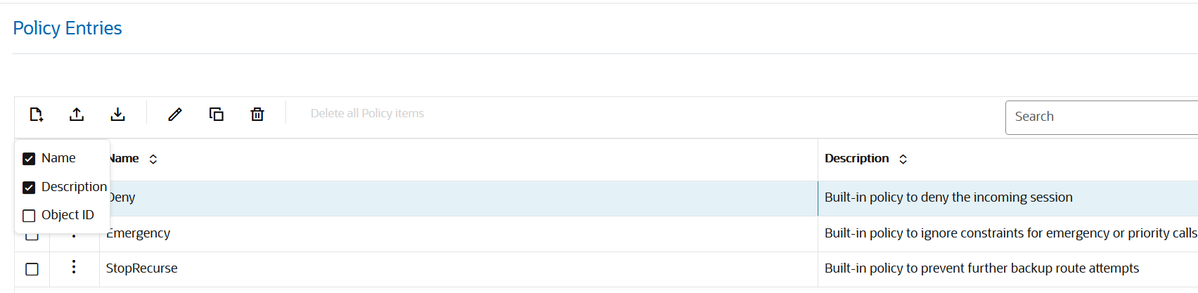 This screen capture shows an example of the menu that displays when you click the columns button. You can select which items that you want to display.