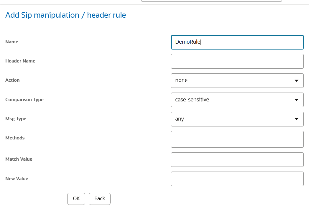 This screen capture shows the Add manipulation dialog where you manually add Header Manipulation Rules. This screen capture shows the Add manipulation dialog where you manually add Header Manipulation Rules.