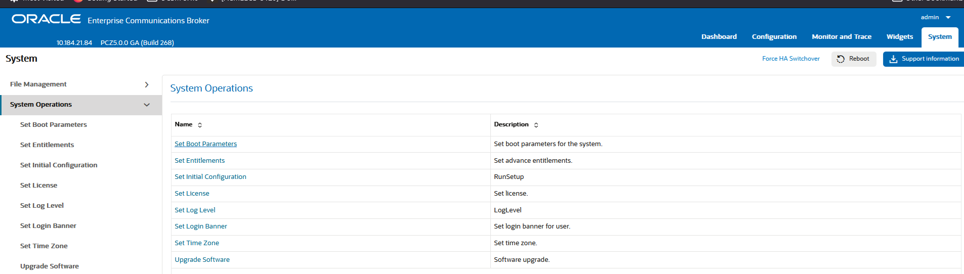 This screen capture shows the list of Systems Operations configurations and provides their descriptions. This screen capture shows the list of Systems Operations configurations and provides their descriptions.