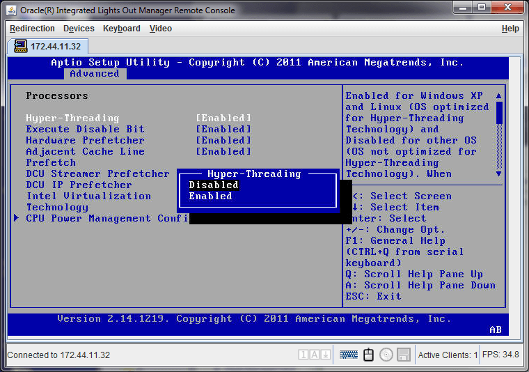 This screen capture shows where to set Hyper-Threading to disabled in the BIOS setup utility.