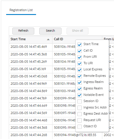 This screen capture shows an example of the pop-up list that displays when you right click any column header in a Monitor and Trace list. The list shows all of the column headers available. Each header has a check box where you can select or deselect the header. This screen capture shows an example of the pop-up list that displays when you right click any column header in a Monitor and Trace list. The list shows all of the column headers available. Each header has a check box where you can select or deselect the header.